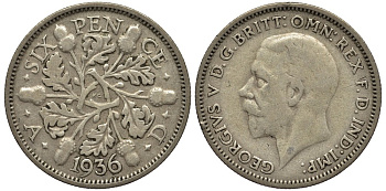 Великобритания 6 пенсов 1936 Георг V (1910-1936) KM 832, Spink 4041 серебро 4538-413