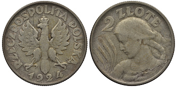 Польша 2 злотых 1924 монетный двор Филадельфия KM 16 серебро 00-817-30