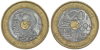 Франция 20 франков 1994 100 лет международному Олимпийскому комитету, Пьер Кубертен KM 1036, Le Franc 405.2 триметалл 4123-733