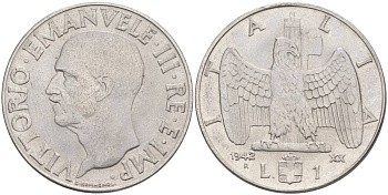ИТАЛИЯ 1 ЛИРА 1942 R, ГОД XX, ВИКТОР ЭММАНУИЛ III (1900-1946) KM 77b, VEM3. 1102 нержавеющая сталь 3855-511