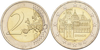 ФРГ 2 евро 2010 А, Бремен, городская ратуша и Роланд, серия Федеральные земли Германии KM 285 биметалл UNC 4592-1157