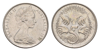 Австралия 5 центов 1981 Елизавета II (1952-2022) молодой портрет, ехидна KM 64 медно-никель UNC 4658-112