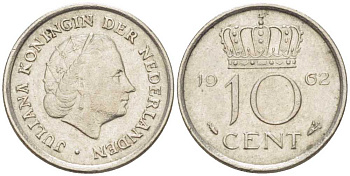 НИДЕРЛАНДЫ 10 ЦЕНТОВ 1962 ЮЛИАНА (1948-1980) KM 182 никель 214-1159