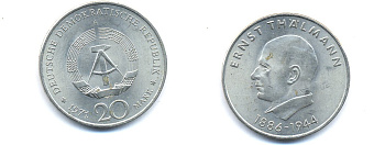 ГДР 20 марок 1971 A, 85 лет со дня рождения Эрнста Тельмана KM 34, J. 1535 медно-никель 3333-632