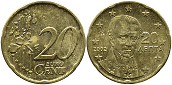 ГРЕЦИЯ 20 ЕВРОЦЕНТОВ 2002 KM 185 латунь 4390-1147