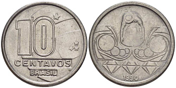 Бразилия 10 сентаво 1989 золотодобыча KM 613 нержавеющая сталь 116-1257