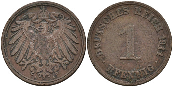 Германия 1 пфенниг 1911 A KM 10, J. 10 медь 4576-161