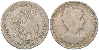 Бразилия 200 реалов 1901 MCMI, голова свободы вправо KM 504 медно-никель 4612-235