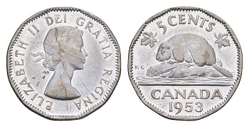 Канада 5 центов 1953 Елизавета II (1952-2022) KM 50 хромированная сталь aUNC 4651-339