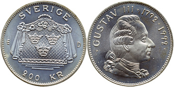 Швеция 200 крон 1992 Карл XVI Густав (1973- ), 200 лет со дня смерти Густава III KM 879 серебро BUNC 1072-5-44