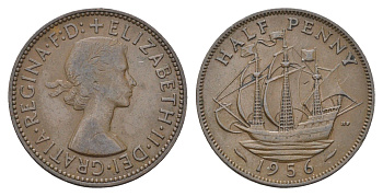 Великобритания 1/2 пенни 1956 Елизавета II (1952-2022) KM 896, Spink 4158 бронза    4660-635