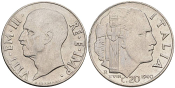 ИТАЛИЯ 20 ЧЕНТЕЗИМО 1940 R, ГОД XVIII, ВИКТОР ЭММАНУИЛ III (1900-1946), немагнитная, ГУРТ РИФЛЁНЫЙ KM 75d, VEM3. 1026a) нержавеющая сталь 3853-537