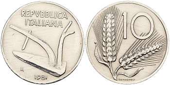 Италия 10 лир 1981 R, плуг KM 93 алюминий 4595-347