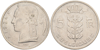 БЕЛЬГИЯ 5 ФРАНКОВ 1974 BELGIQUE KM 134.1 медно-никель 4556-546