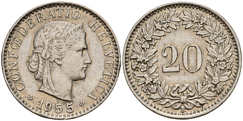 Швейцария 20 раппенов 1955 B KM 29a медно-никель 4187-543