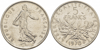 Франция 5 франков 1970 сеятель, тип Semeuse KM 926a.1, Le Franc 341.2 медно-никель плакированный никелем 4403-234