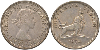 Австралия 1 флорин = 2 шиллинга 1954 Королевский визит в Австралию, Елизавета II (1952-2022), английский лев и кенгуру KM 55 серебро 81-523
