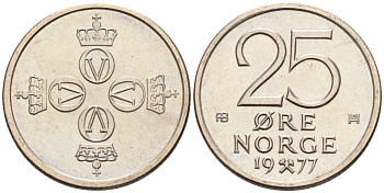 Норвегия 25 эре 1977 Улаф V (1958-1991) KM 417 медно-никель UNC 4580-1048