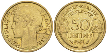 Франция 50 сантимов 1941 тип Морлон KM 894.1, Le Franc 192.18 алюминиевая бронза 44-365