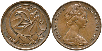 АВСТРАЛИЯ 2 ЦЕНТА 1974 ЕЛИЗАВЕТА II (1952-), ПЛАЩЕНОСНАЯ ЯЩЕРИЦА KM 63 бронза 3336-745