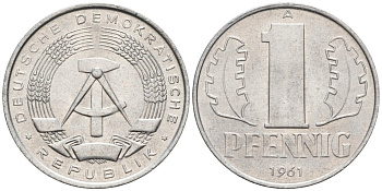 ГДР 1 пфенниг 1961 А KM 8.1 алюминий aUNC 4564-1014
