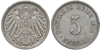 ГЕРМАНИЯ 5 ПФЕННИГОВ 1914 A, KM 11, J. 12 медно-никель 45-1137