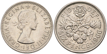 Великобритания 6 пенсов 1966 Елизавета II (1952-2022) KM 903, Spink 4149 медно-никель 4567-744