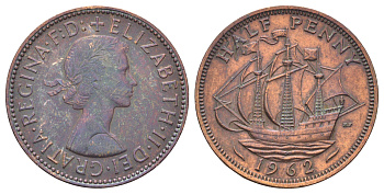 Великобритания 1/2 пенни 1962 Елизавета II (1952-2022) KM 896, Spink 4158 бронза 4698-1013