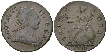Великобритания 1/2 пенни 1772 Георг III (1760-1820) KM 601, Spink 3774 медь 4590-735