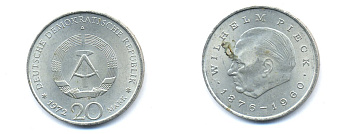 ГДР 20 марок 1972 А, Вильгельм Пик (1876-1960) KM 42 медно-никель 3333-415