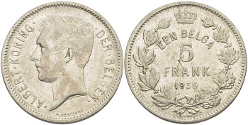 БЕЛЬГИЯ 5 ФРАНКОВ 1930 АЛЬБЕРТ I, DER BELGEN KM 98 никель 3851-321