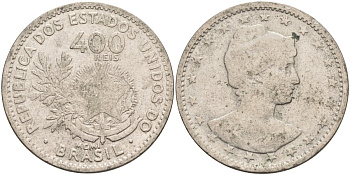Бразилия 400 рейс 1901 голова свободы вправо KM 505 медно-никель 4367-136