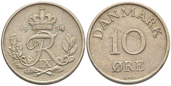 ДАНИЯ 10 ЭРЕ 1954 N;S, ФРЕДЕРИК IX (1947-1972) KM 841,1 медно-никель 201-1215