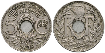 ФРАНЦИЯ 5 САНТИМОВ 1935 ТИП LINDAUER, PETIT MODULE KM 875, LE FRANC 122.18 медно-никель 4549-1236
