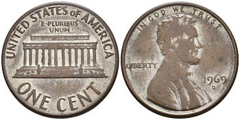 США 1 цент 1969 D, Линкольн KM 201 медь цинк 4564-457