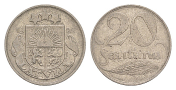 Латвия 20 сантимов 1922 год-тип KM 5 никель 4658-1253