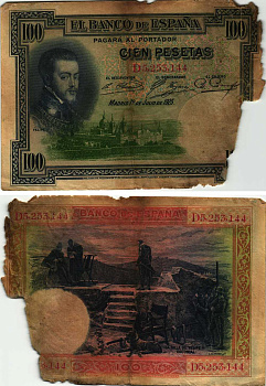 ИСПАНИЯ 100 ПЕСЕТ 1931 МАДРИД, 19 ИЮЛЯ 1925, ФИЛИПП II, СТУЛ ФИЛИППА II ЭСКОРИАЛ , СЕРИЯ D5253144 Pick 69b бумага 8609-42-2