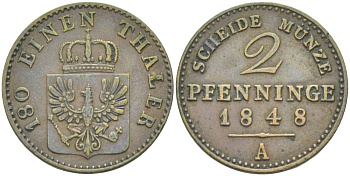 Пруссия 2 пфеннига 1848 A, Фридрих Вильгельм IV (1846-1860)  KM 452, Jaeger 43, Olding 336, AKS 91. медь 1517-1145