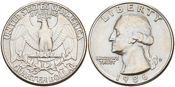 США 25 ЦЕНТОВ = КВОТЕР 1986 D, ВАШИНГТОН KM А164a медь плакированная медно-никелем 190-344