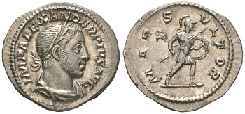 Римская Империя денарий 232 Александр Север, IMP ALEXANDER PIVS AVG, бюст императора/MARS VLTOR, Марс, Рим, 3,00 гр RIC 246 серебро 00-815-85
