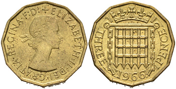 Великобритания 3 пенса 1966 Елизавета II (1952-2022) KM 900, Spink 4153 никель латунь 4561-1037
