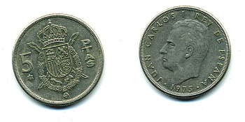 Испания 5 песет 1975 (78) Хуан Карлос I (1975-2014) KM 807 медно-никель 51-4431