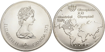 Канада 10 долларов 1973 XXI летние Олимпийские игры в Монреале 1976 года, Канада на карте мира KM 86.1 серебро UNC 02-252-31