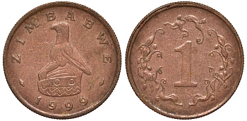 Зимбабве 1 цент 1999 птица-идол KM 1a сталь плакированная бронзой 4164-547