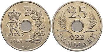 Дания 25 эре 1968 С;S, Фредерик IX (1947-1972) KM 855.1 медно-никель 202-735