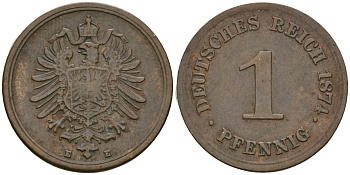 Германия 1 пфенниг 1874 E, Вильгельм I (1871-1888) KM 1, J. 1 медь 1524-421
