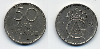 Швеция 50 эре 1973 U, Густав VI Адольф (1950-1973) KM 837 медно-никель 23-1113