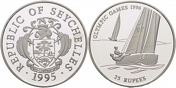 Сейшельские острова 25 рупий 1995 олимпийские игры 1996 года в Атланте, регата, тираж 30000 экз. KM 80 серебро PROOF 1081-5-33