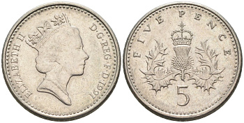Великобритания 5 пенсов 1991 Елизавета II (1952-2022) KM 937b, Spink 4372 (D4) медно-никель 4115-725