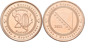 Босния и Герцеговина 20 фенигов 2021 KM 116 сталь плакированная медью UNC 4514-1223